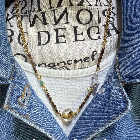 Gold and Brown Minimalist Beaded Necklace gemstones - Picture 3 of 4